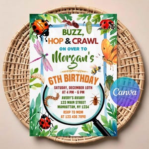 Invitación de cumpleaños de insectos para niños / Descarga digital editable / Invitación imprimible para fiesta de insectos / Tarjeta de cumpleaños con temática de naturaleza espeluznante