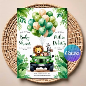 May include: A green and white baby shower invitation with a cartoon jeep carrying a lion, zebra, and monkey. The jeep is surrounded by green and beige balloons. The text on the invitation reads "Join us for a Baby Shower" and "In honor of Melisa Doherty".