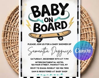 May include: Baby shower invitation with a skateboard graphic and the words "Baby on Board." The invitation includes the name Samantha Dagguise, event details, and RSVP information. The design features a black and white checkered border.