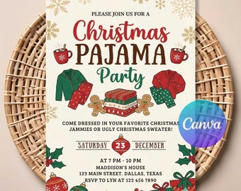 May include: A Christmas Pajama Party invitation with festive illustrations of pajamas, gingerbread men, and hot cocoa. The invitation includes the date, time, and location for the event. The design features a decorative font and holiday-themed graphics.