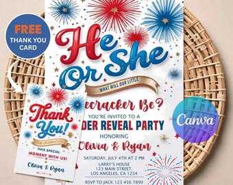 4. Juli Gender Reveal Einladung | Bearbeitbarer digitaler Download | 'Red White and Due' Feuerwerk Reveal Party einladen Druckbare Vorlage