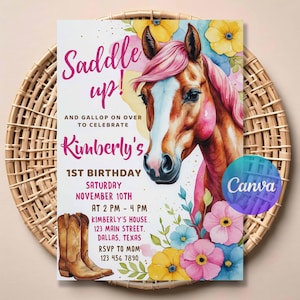 Cowgirl Birthday Invitation | Editable Western Rodeo Party Invite | Pink Rustic Country Theme | Digital Download | Printable Template