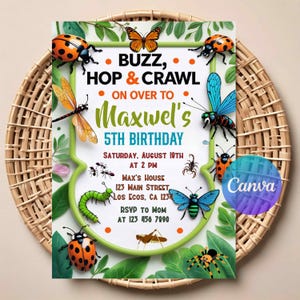 以下が含まれることがあります： 緑と白のボーダーの誕生日招待状で、てんとう虫、蝶、トンボなどの昆虫のイラストが特徴です。「Buzz, Hop & Crawl」と書かれており、Maxwelの5歳の誕生日を日付、時間、場所とともに発表しています。