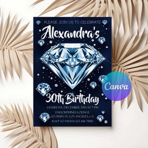 May include: A navy blue birthday invitation featuring a large, sparkling diamond and smaller diamond accents. The invitation reads "Alexandra's 30th Birthday" with event details. The Canva logo is visible in the corner.