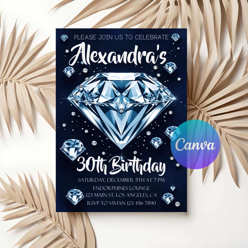 May include: A navy blue birthday invitation featuring a large, sparkling diamond and smaller diamond accents. The invitation reads "Alexandra's 30th Birthday" with event details. The Canva logo is visible in the corner.