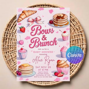 May include: Pink baby shower invitation with the text "Bows & Brunch" and illustrations of pastries, including a croissant, pancakes, and cupcakes. The invitation includes the name "Alice Ryan" and event details.