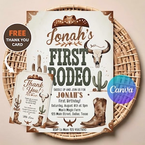 First Rodeo 1st Birthday Invitation | Editable Cowboy Theme Party Invite for Boy | Western Printable Template | Instant Download
