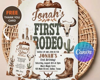 First Rodeo 1st Birthday Invitation | Editable Cowboy Theme Party Invite for Boy | Western Printable Template | Instant Download