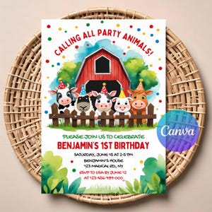 編集可能な納屋の動物の誕生日パーティー招待状、農場の誕生日招待状、農場の動物の招待状、納屋の動物の招待状、Canva。