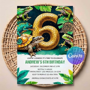 May include: A birthday invitation featuring a gold number 6, surrounded by illustrations of reptiles and amphibians. The invitation includes the text "Leapin' Lizards! It's Time to Celebrate Andrew's 6th Birthday" and event details.