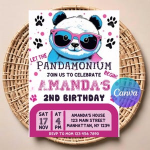 Convite de aniversário de panda | Download digital editável | Convite para festa de panda para impressão | Tema de panda fofo | Download instantâneo