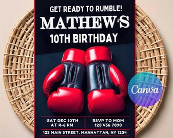 Boxing Birthday Invitation | Editable Digital Download | Printable Knockout Party Invite | Fighter Theme Kids Birthday Card