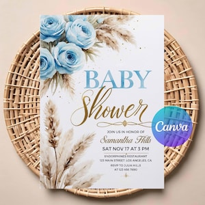 Invitation de fête de naissance bohème bleue | Modèle d'invitation bébé garçon modifiable | Thème bohème rustique | Conception imprimable en téléchargement numérique
