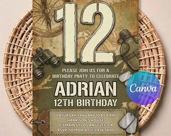 May include: An invitation for a 12th birthday party with a military theme. The design features a compass, binoculars, a canteen, and dog tags. The text reads "Please join us for a birthday party to celebrate Adrian 12th Birthday."