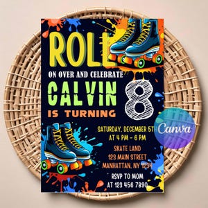 Convite de aniversário de patinação para crianças | Download digital editável | Convite para festa de skate para impressão | Cartão de aniversário com tema neon retrô.