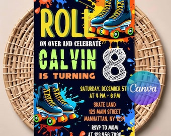 Retro Neon Roller Skating Birthday Invitation | Editable Skate Party (Digital Download)