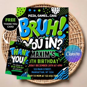 Bruh Birthday Invitation | Editable Digital Download | Printable Neon Gamer Party Invite | Teen Boy Party Theme | Instant Download