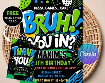 Bruh Birthday Invitation | Editable Digital Download | Printable Neon Gamer Party Invite | Teen Boy Party Theme | Instant Download