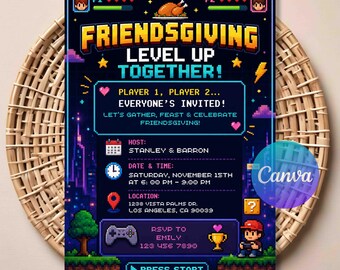 Video Game Friendsgiving Invitation - Gamer Thanksgiving Party Invite, Level Up Editable Canva Template, Instant Download.