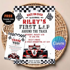 レースカーの1歳の誕生日招待状 | 編集可能なデジタルダウンロード | 印刷可能な素早いワンパーティー招待状 | レーシングカーをテーマにした1歳の誕生日カード