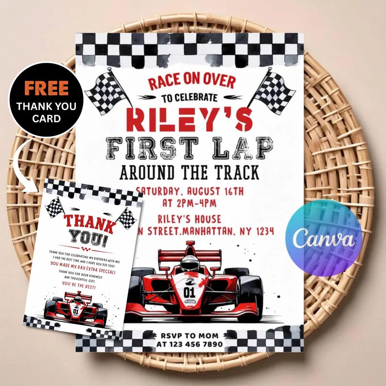 Race Car First Birthday Invitation | Editable Theme Fast One Invite (Instant Download) image 1