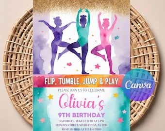 Girls Gymnastics Birthday Invitation | Editable Tumbling Party Invite (Digital Download)