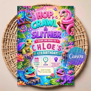 May include: A colourful birthday invitation card featuring a chameleon, snake, turtle, and lizard in a jungle setting. The text reads: HOP, CRAWL & SLITHER, SLIDE ON OVER TO CHLOE'S 4TH BIRTHDAY!, SATURDAY OCTOBER 25TH, AT 2:00 PM, BRIANNA'S HOUSE, 123 MAIN STREET.