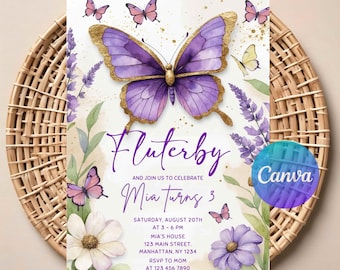 May include: A birthday party invitation with a watercolor design. The invitation features a large purple and gold butterfly, with smaller butterflies and floral accents. The text reads "Fluterby" and details for Mia's 3rd birthday.