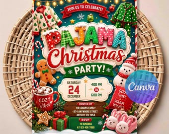 Pajama Christmas Party Invitation - Cozy PJ Holiday Party Invite, Editable Canva Template.