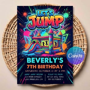 Peut inclure: Une invitation d'anniversaire vibrante avec un château gonflable. L'invitation affiche "Let's Jump" en texte coloré, avec les détails de l'anniversaire de Beverly, 7 ans, y compris la date, l'heure et le lieu.