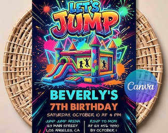 Bounce House Birthday Invitation – “Let’s Jump!” Party Digital Invite for Boys & Girls, Editable Canva Template, Instant Download.