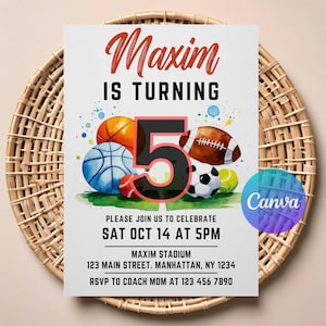 Convite de aniversário esportivo | Download digital editável | Convite para festa All-Star para impressão | Cartão de aniversário com tema multiesportivo para crianças