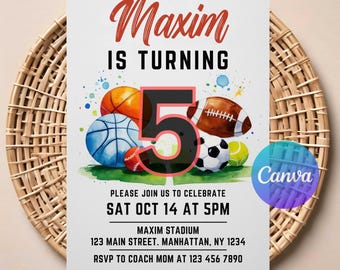 May include: A birthday invitation with the name "Maxim" in red script. The number "5" is prominent, surrounded by watercolor illustrations of sports balls. The invitation includes event details and a contact for RSVP.