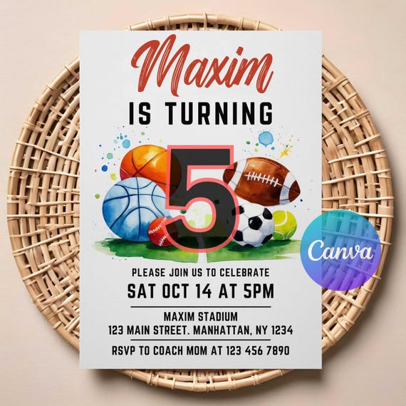 Sports Birthday Invitation | Editable Digital Download | Printable All-Star Party Invite | Multi-Sport Theme Birthday Card for Kids