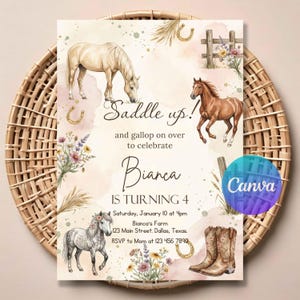 May include: A birthday invitation with a western theme, featuring watercolour illustrations of horses, horseshoes, and cowboy boots. The invitation text reads "Saddle up!" and includes event details for Bianca's 4th birthday.