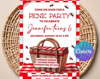 Picnic Birthday Invitation | Editable Digital Download | Outdoor Summer Party Invite | Gingham Picnic Theme | Instant Download