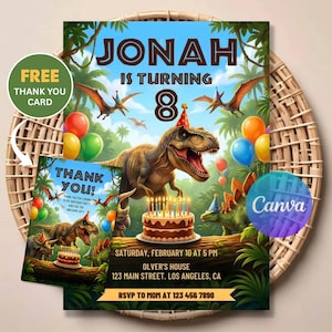 Könnte beinhalten: Eine Geburtstagseinladungskarte mit einem T-Rex mit Partyhut, einer Geburtstagstorte mit Kerzen und Dschungelkulisse. Der Text lautet: JONAH IS TURNING 8, SATURDAY, FEBRUARY 10 AT 5 PM, OLVER'S HOUSE, 123 MAIN STREET, LOS ANGELES, CA, RSVP TO MOM AT 123 456 7890.