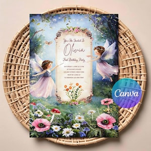Editable Watercolor Fairy Birthday Invitation, First Birthday Invitation, Fairy Themed Birthday Invitation, Fairy Invitation Template.