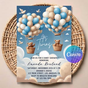 Hot Air Balloon Twins Baby Shower Invitation | Digital Editable Invite | Gender Neutral Baby Shower Template | Printable Party Card