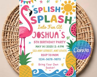 Editable Pool Party Birthday Invitation, Summer Birthday Party Invitation, Flamingo Birthday Invitation, Pool Party Theme Birthday.