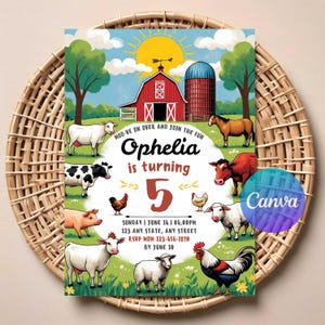 Editable Farm Birthday Invitation Template,  Farm Animals Kids Birthday Party Invite,  Printable Editable Barnyard Invitation, Canva edit