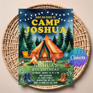 Könnte beinhalten: Eine Geburtstagseinladung im Camping-Stil, aquarelliert. Sie zeigt ein Zelt, ein Lagerfeuer und eine Waldszene. Der Text enthält "Hike on over to Camp Joshua" und die Details für die Feier zum 8. Geburtstag.
