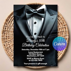 Tuxedo Birthday Invitation | Editable Formal Party Invite for Boys or Men | Black Tie Theme Template | Printable Instant Digital Download
