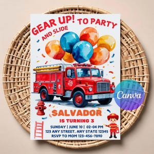 Editable Firetruck Themed Birthday Invitation, Firefighter Birthday Party Invitation, Kids Birthday Invitation, Firefighter Invitation.