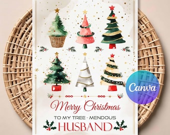 Husband Christmas Card, Watercolor Christmas Trees Invite (Editable Template)