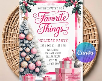 May include: A rectangular holiday party invitation featuring a white Christmas tree decorated with pink ornaments, holly leaves, and gift boxes. The text reads: YOU'RE INVITED TO A Favorite Things HOLIDAY PARTY SAT | DEC 23 | AT 6 PM WILL'S HOME 123 MAIN STREET DALLAS, TEXAS RSVP AT 123 456 7890.