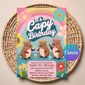 Capybara Birthday Invitation for Kids | Editable Digital Download | Cute Animal Party Invite | Printable Capybara Birthday Card.