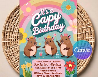 Capybara Birthday Invitation for Kids | Editable Digital Download | Cute Animal Party Invite | Printable Capybara Birthday Card.