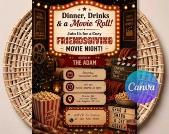 Movie Night Friendsgiving Invitation - Thanksgiving Cinema Party Invite, Editable Canva Template.