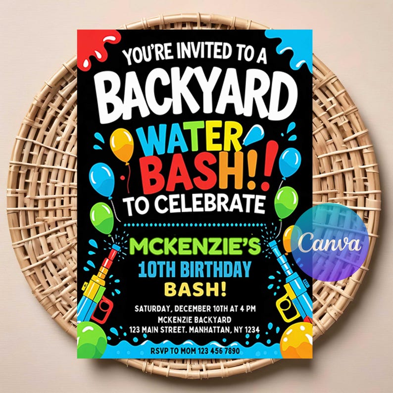 May include: A rectangular invitation card with a black background featuring colorful text and graphics. It reads: YOU'RE INVITED TO A BACKYARD WATER BASH!! TO CELEBRATE MCKENZIE'S 10TH BIRTHDAY BASH! SATURDAY, DECEMBER 10TH AT 4 PM, 123 MAIN STREET, NY 1234.